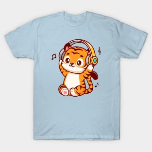 Cute Tiger Listening Music With Headphone Cartoon T-Shirt